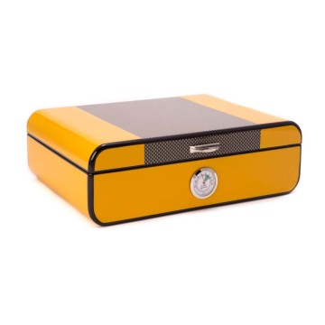 Carbon Fiber & Yellow Lacquered 25 Cigar Humidor with Spanish Cedar Lining and Chrome Accents.