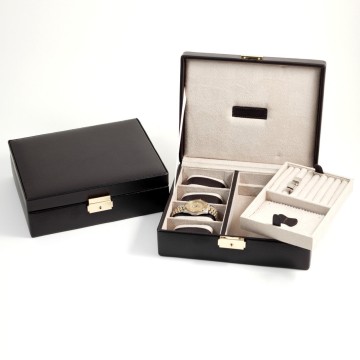 Brown Leather 4 Watch Case & Valet with Removable Tray and Locking Clasp