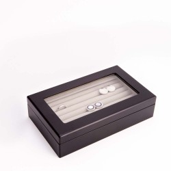 Matte Black Wood Cufflink Box with Glass Top and Velour Lining
