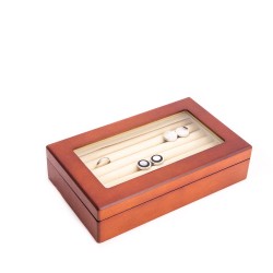Cherry Black Wood Cufflink Box with Glass Top and Velour Lining