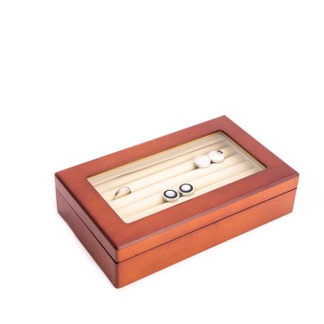 Cherry Black Wood Cufflink Box with Glass Top and Velour Lining