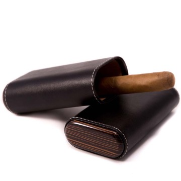 Black Leather with "Ebony" Wood and Cedar Lined Telescoping Three Cigar Holder
