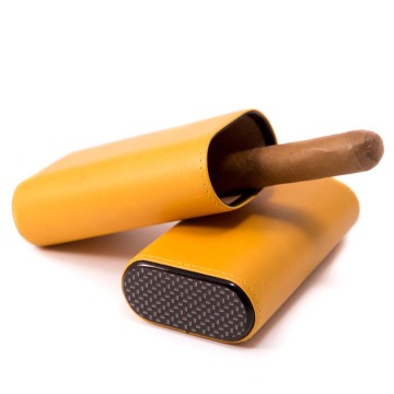Carbon Fiber & Yellow Leather with Cedar Lined Telescoping Three Cigar Holder