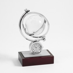 "Austin" Globe Gyro Clock, Chrome on Mahogany Base, 