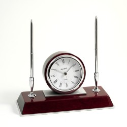 Dresden Clock w/ 2 Pens on Rosewood Base, 