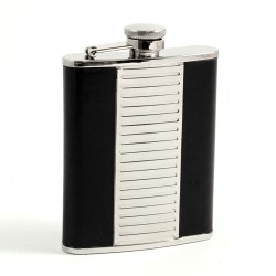 6 oz. Stainless Steel Flask in Black Leather and Mirror Finished Accents. 