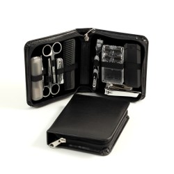 11 Pieces Manicure & Grooming Set with "Mach3" Razor and Two Refills, Large and Small Nail Clippers, Lint Brush, Comb, Nail File, Cuticle and Nose Scissors, Tweezers & Tooth Brush in Black Leather Case.