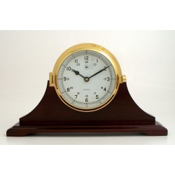 Brass Bell Striking Table Clock on Mahogany Wood Base, 