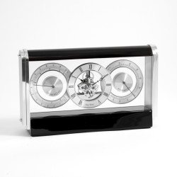 Skelton Movement Clock w/ Hygro. & Thermo., Stainless & Lacquered Black Wood, 